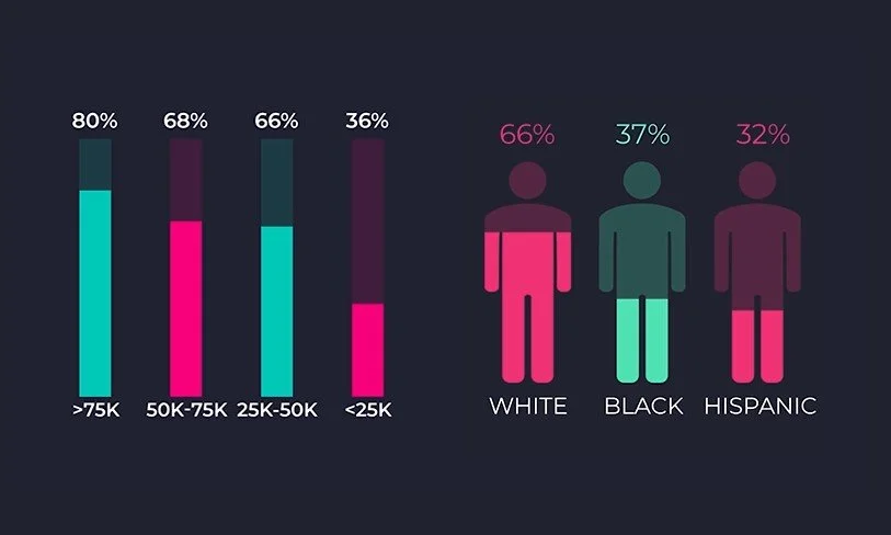 Frame from a JTX Media commercial: an animated bar chart breaking an audience down by household income and ethnicity